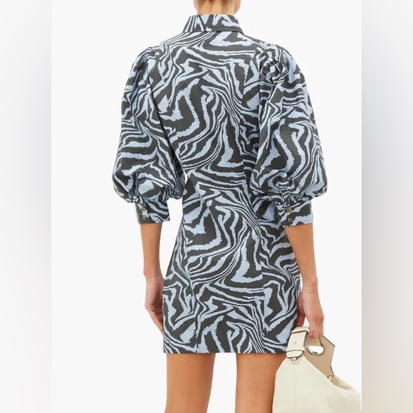 Ganni Zebra Print Cotton Shirt Dress Puff Sleeve Mini Blue Gray Designer EU34 XS - Picture 5 of 16